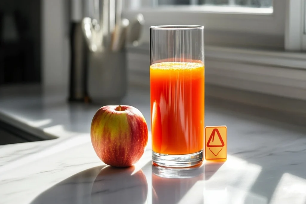 What are the benefits of carrot and apple juice? A glass of carrot and apple juice with a caution sign beside it, emphasizing the importance of moderation.