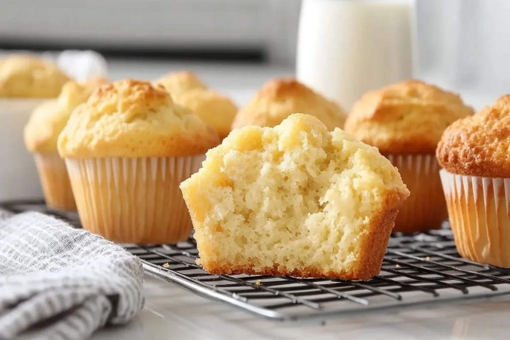 Freshly baked golden muffins cooling on a wire rack with a fluffy interior.