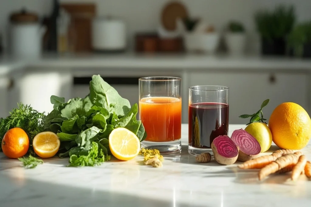 A variety of liver-supporting foods, including beet and carrot juice, on a white marble kitchen counter.