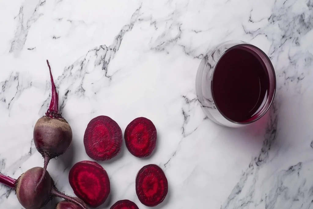 Fresh beets and a glass of beet juice on a white marble kitchen counter.