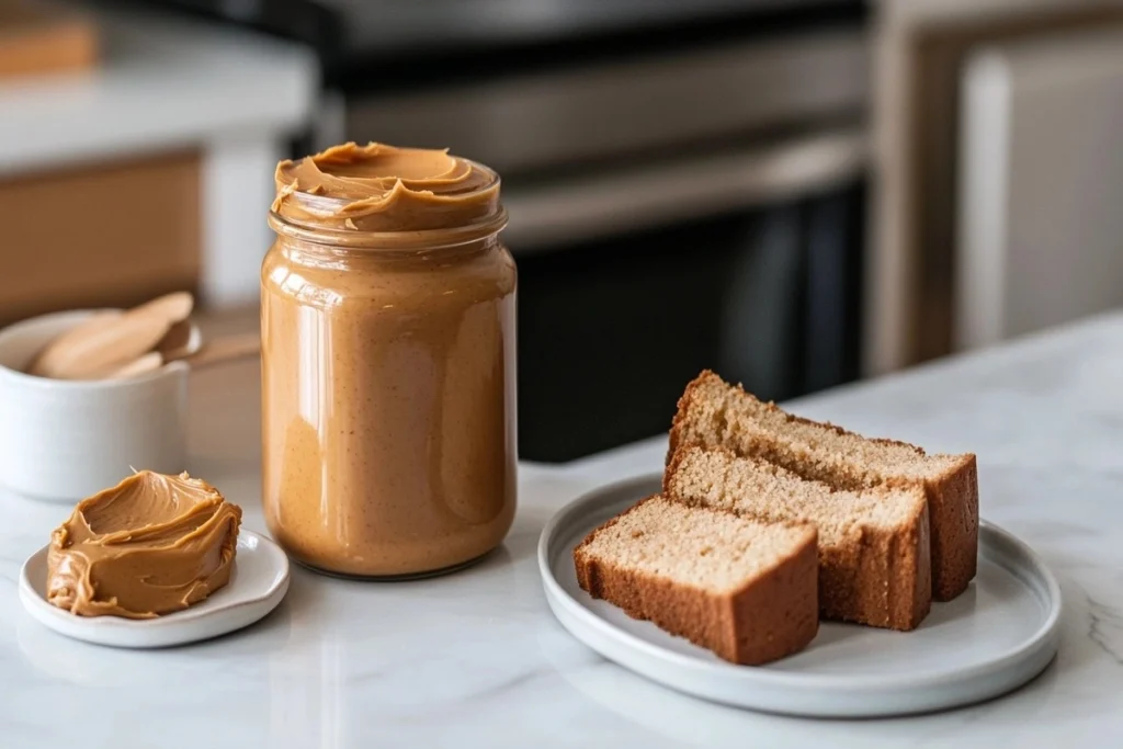 Peanut butter jar and freshly sliced pound cake on a white marble kitchen counter.