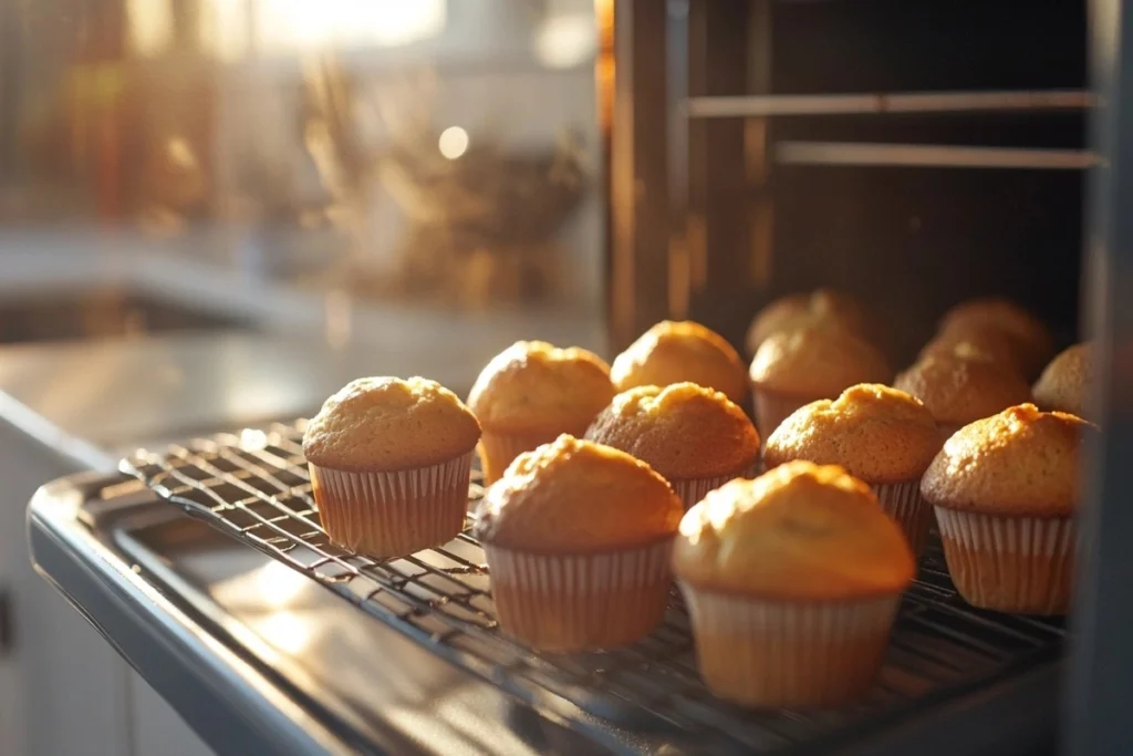 What is the secret to moist muffins? Muffins rising in the oven with golden tops forming.