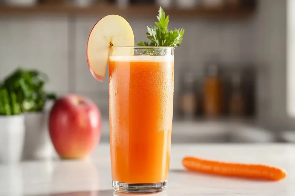 A tall glass of fresh carrot and apple juice on a white marble kitchen counter