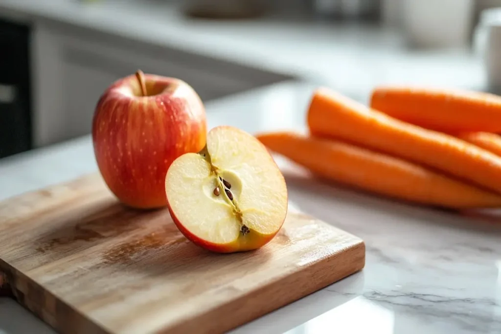 What are the benefits of apples and carrots?  A sliced apple and a peeled carrot on a wooden cutting board placed on a white marble kitchen counter