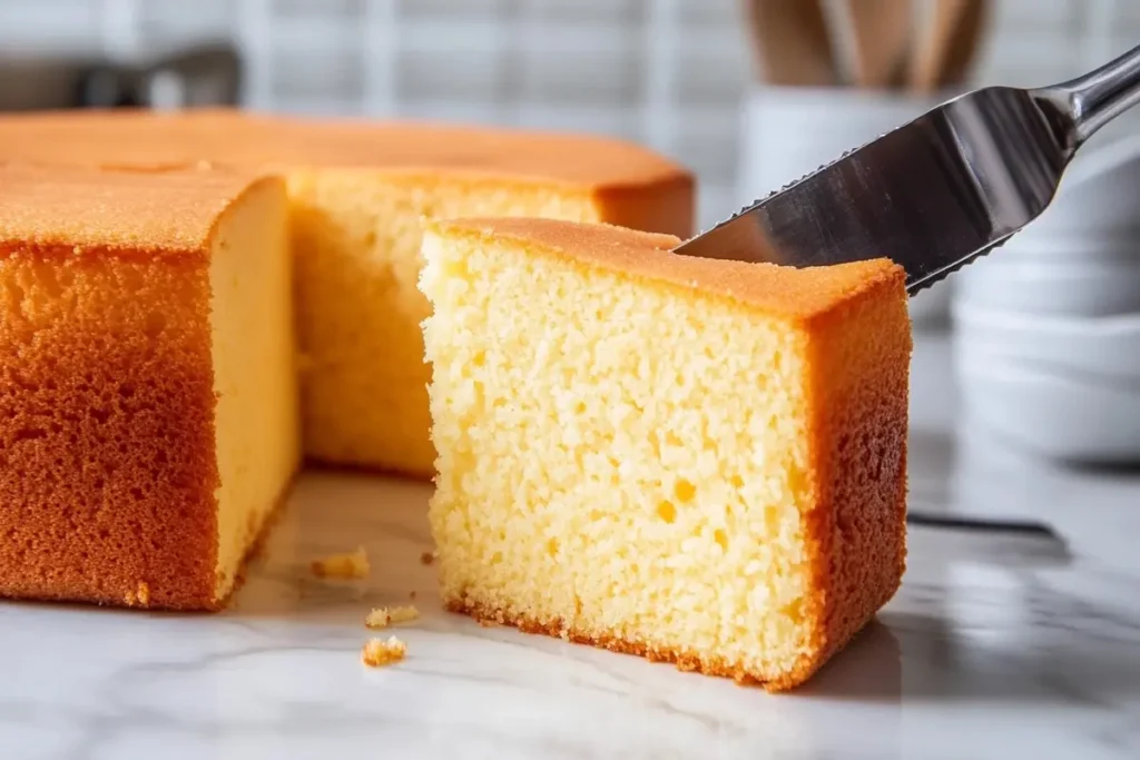 Sliced sponge cake on a white marble kitchen counter, showcasing its airy and soft texture.