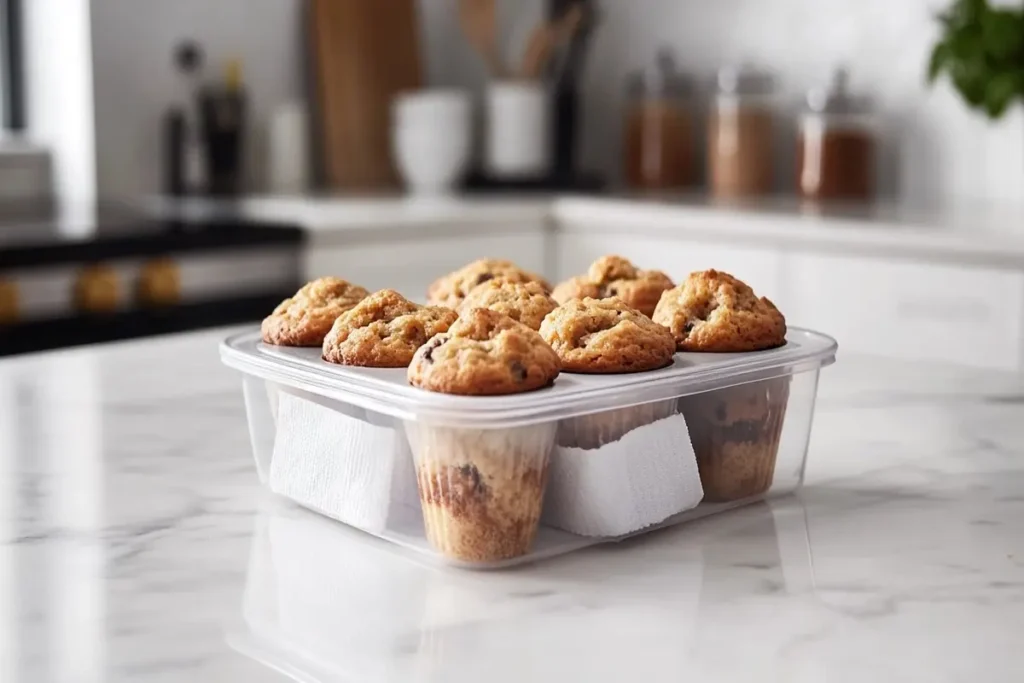 Muffins stored in an airtight container with a paper towel to maintain moisture.