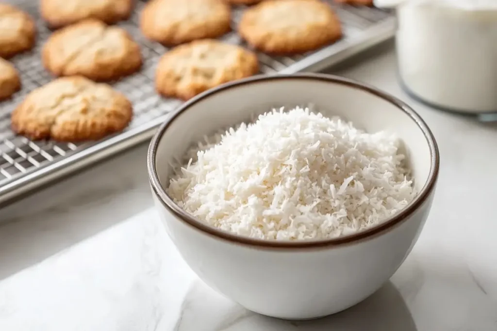 Should you use sweetened or unsweetened coconut in cookies? A bowl of glossy sweetened coconut next to warm cookies on a marble counter.