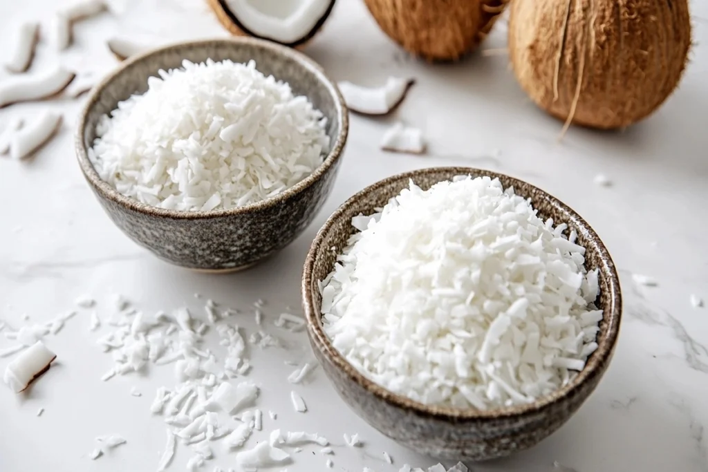 A bowl of sweetened coconut and a bowl of unsweetened coconut on a white marble counter.