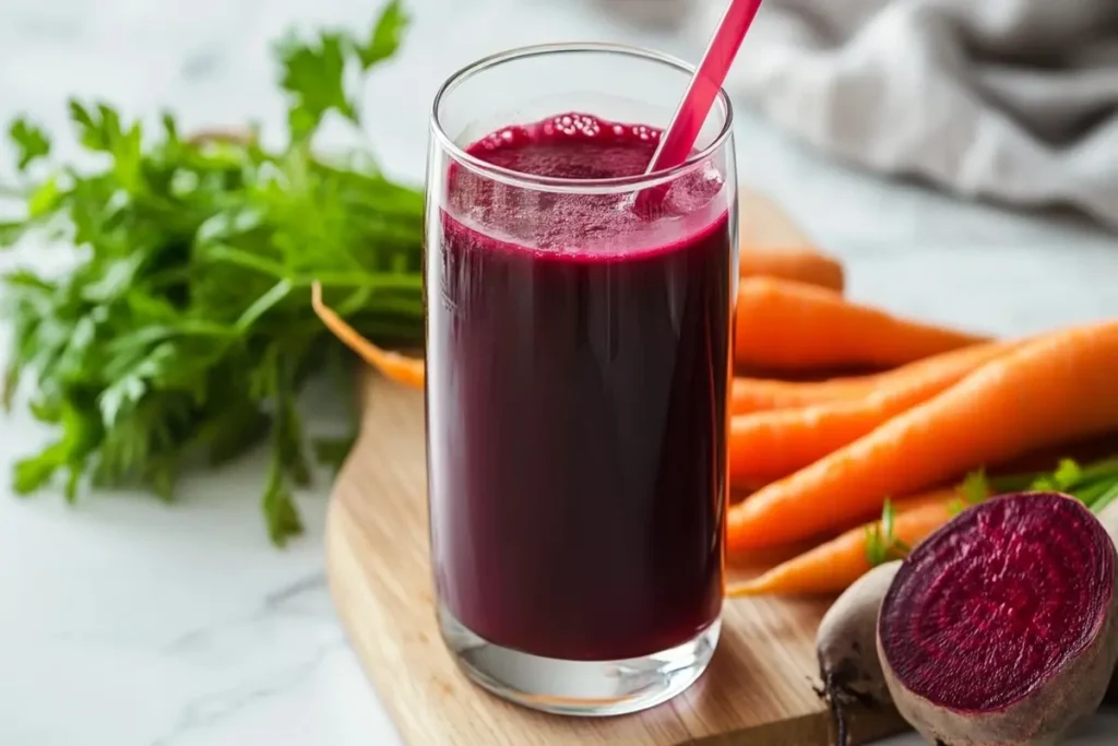 Is beet and carrot juice good for liver?  A glass of beet and carrot juice with fresh ingredients on a white marble kitchen counter.