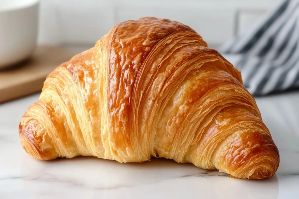 A golden croissant with flaky, delicate layers and an airy inside.