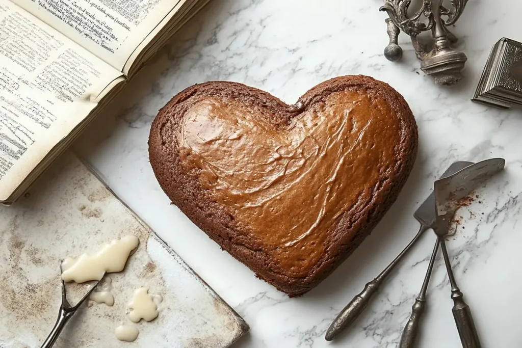 A rustic heart-shaped cake beside an old cookbook