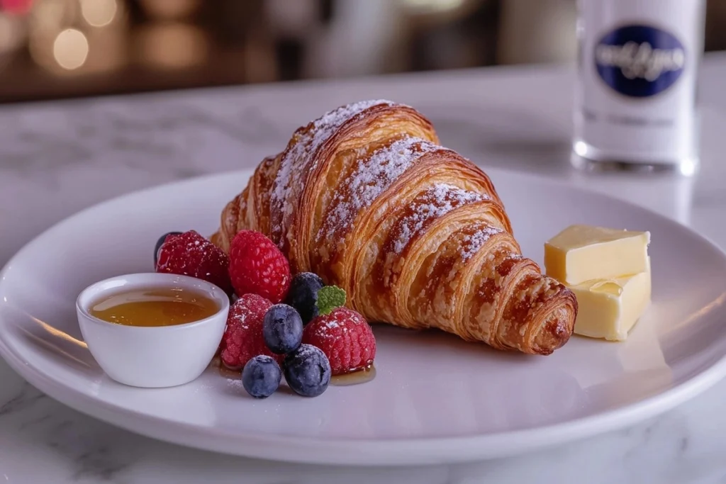 A toasted croissant served with honey, berries, and butter.