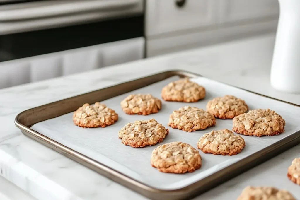 A tray of crispy oatmeal cookies on a marble counter with an oven thermometer.