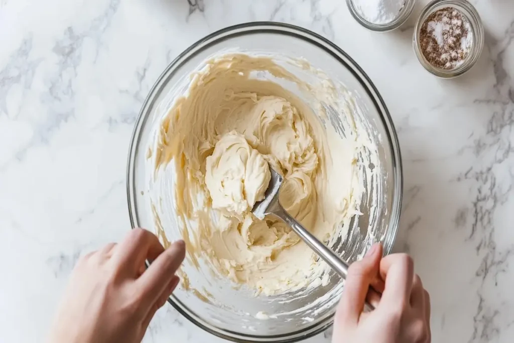 Hands mixing muffin batter gently in a glass bowl.