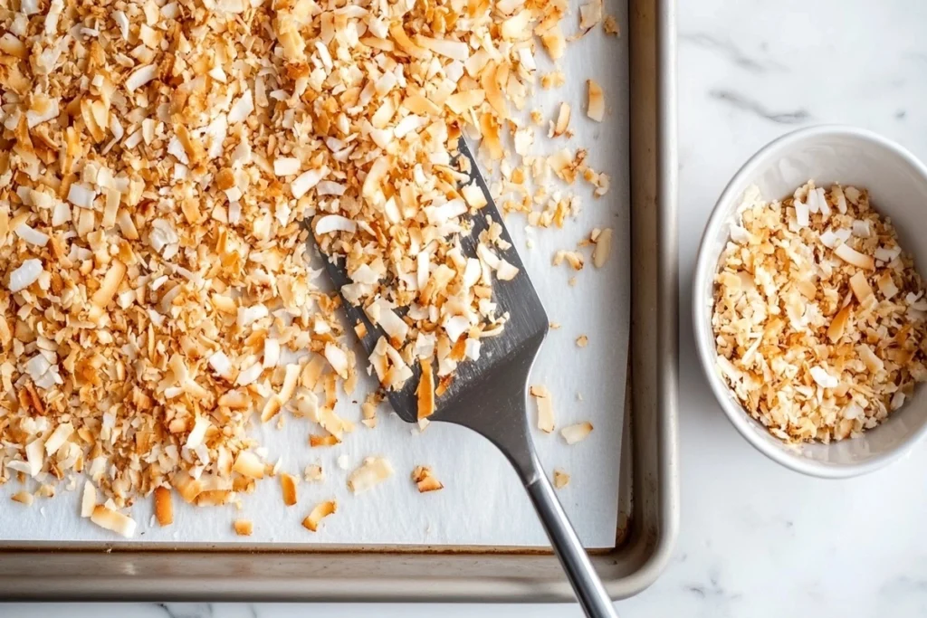 A baking sheet with golden toasted coconut flakes being scooped into a bowl.