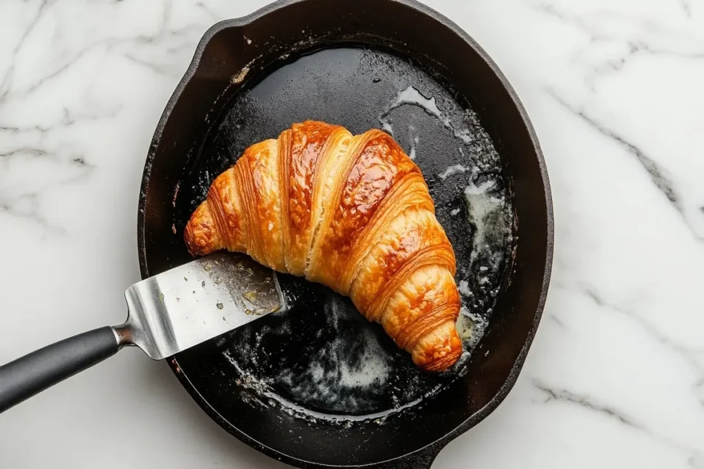 A croissant toasting in a buttered skillet with a spatula pressing it down.