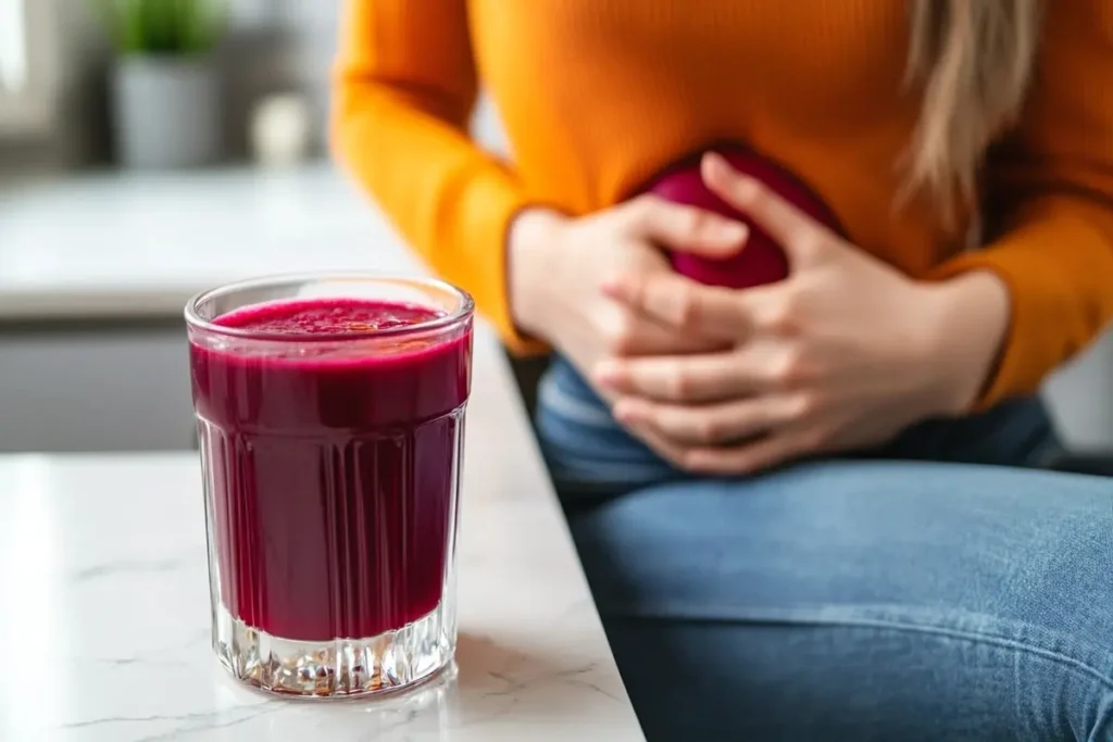 A person experiencing stomach discomfort with a glass of beet and carrot juice on a white marble kitchen counter.