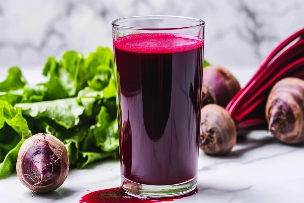 A spilled glass of beet juice with a worried expression on a white marble kitchen counter.