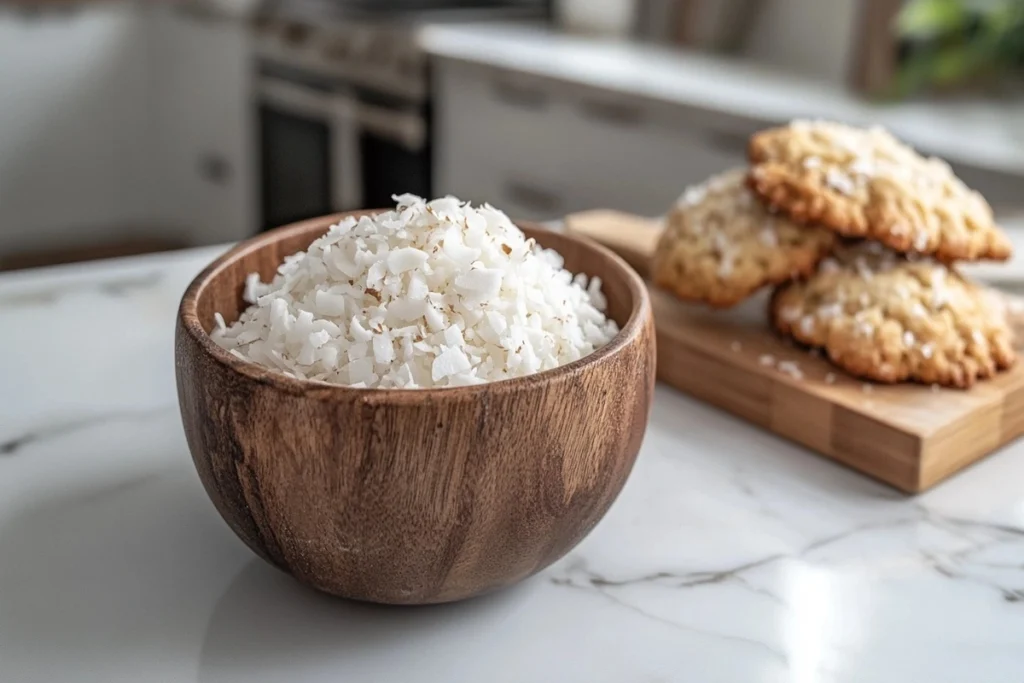 A bowl of dry, unsweetened coconut beside a crunchy golden-brown cookie.