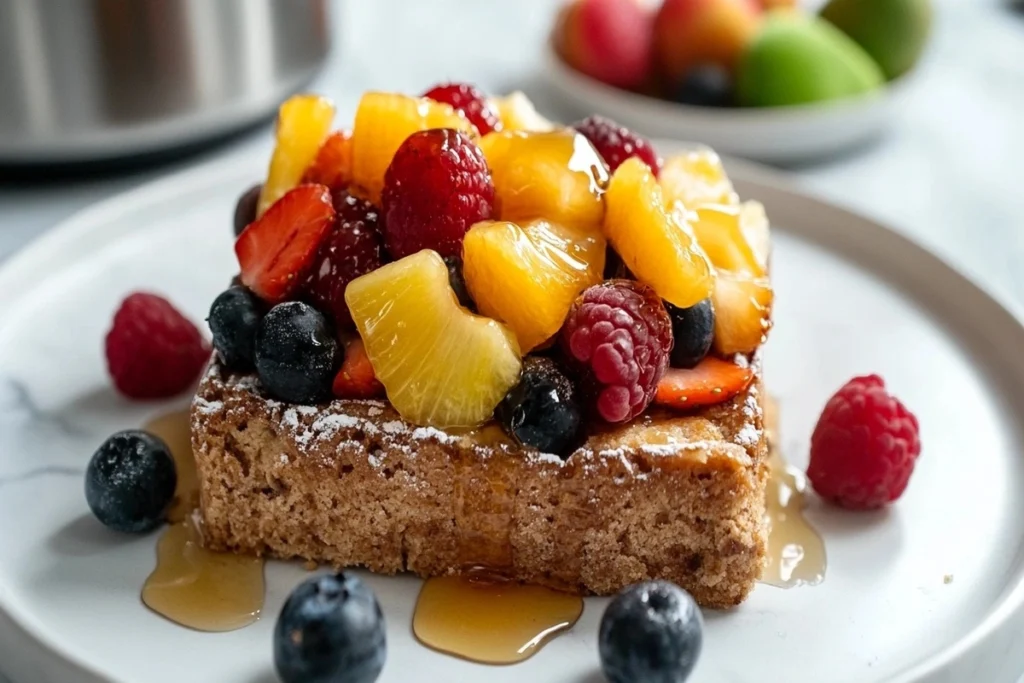 A slice of vegan pound cake topped with fresh fruit and honey on a white marble kitchen counter.ry a vegan pound cake for a butter-free, dairy-free alternative."