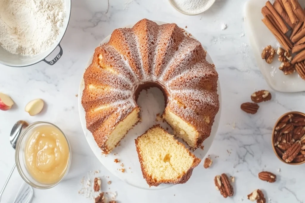 Sliced vegan pound cake with applesauce on a white marble kitchen counter.