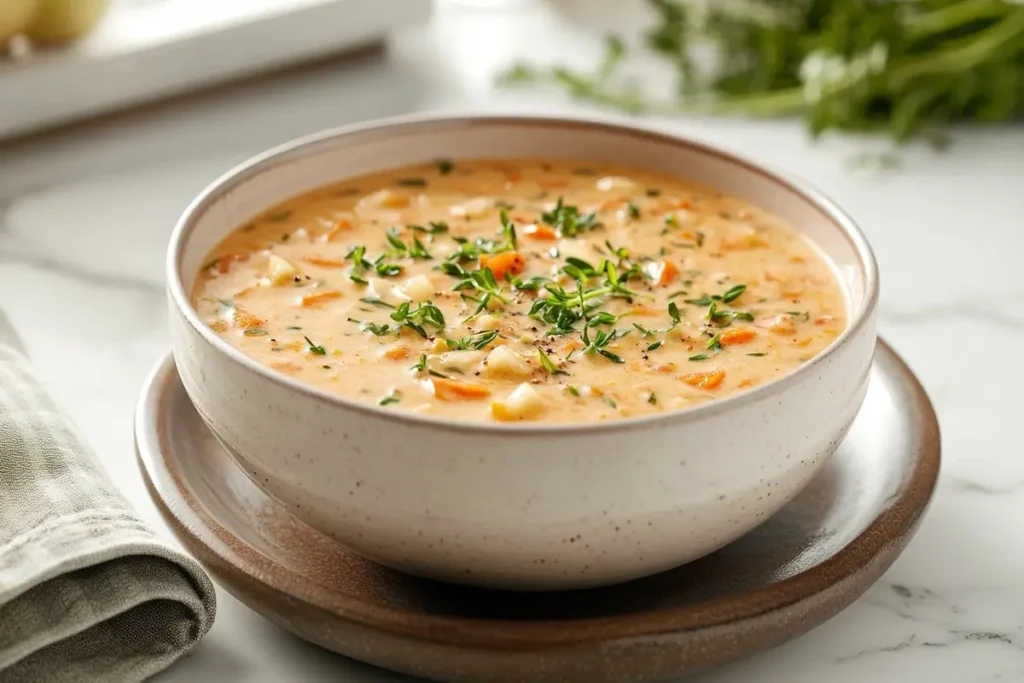 A bowl of creamy apple and carrot soup garnished with fresh herbs on a white marble kitchen counter