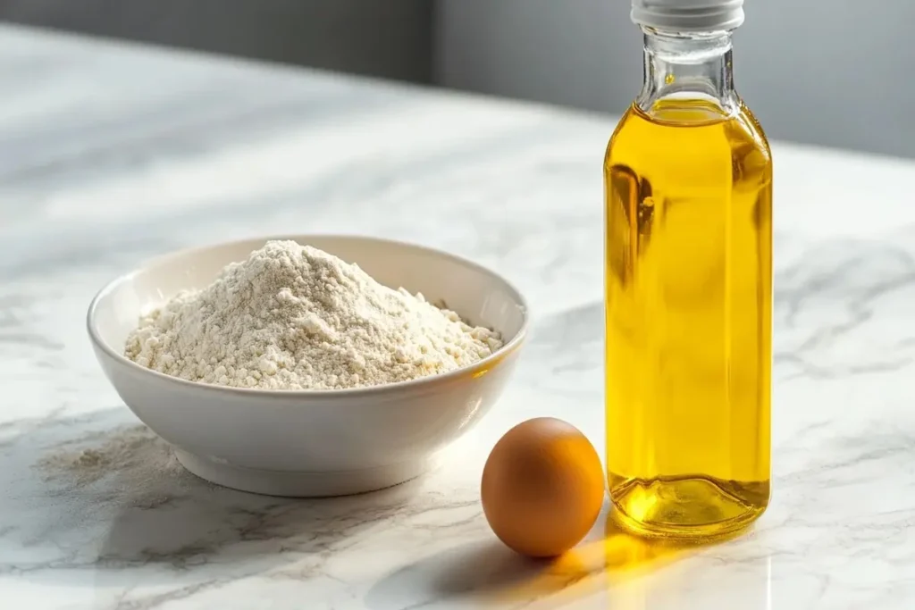 Vegetable oil, flour, and an egg on a white marble kitchen counter.